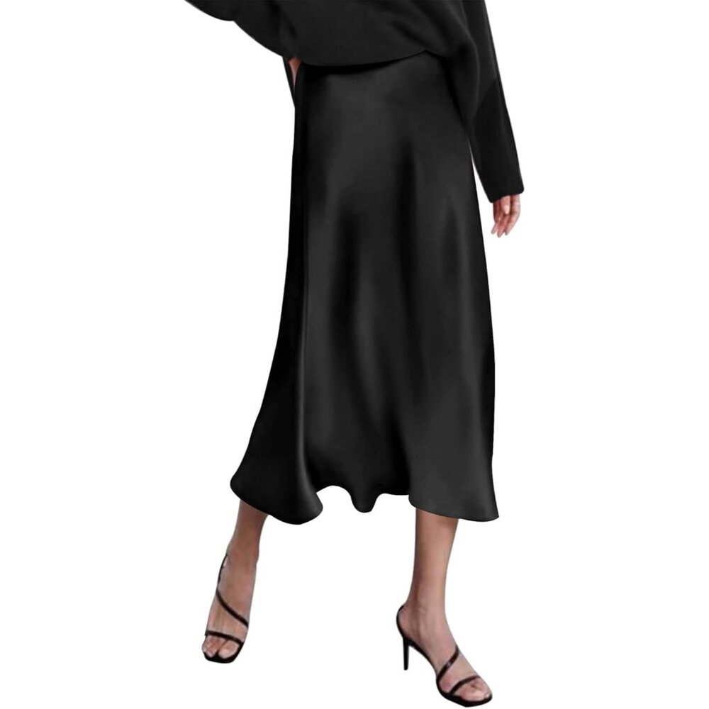 Women's Black Satin Fabric Elegant Breathable High Waist Pull On Midi Skirt